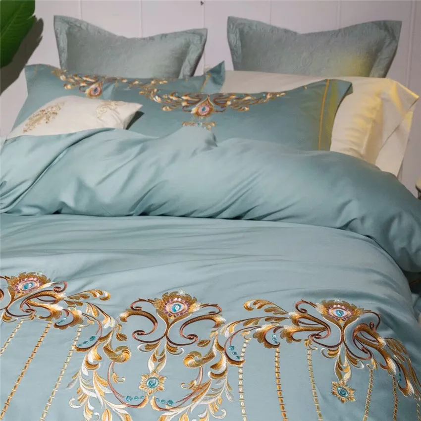 4/7 шт. Queen King size из египетского хлопка синий класса люкс с вышивкой Постельное