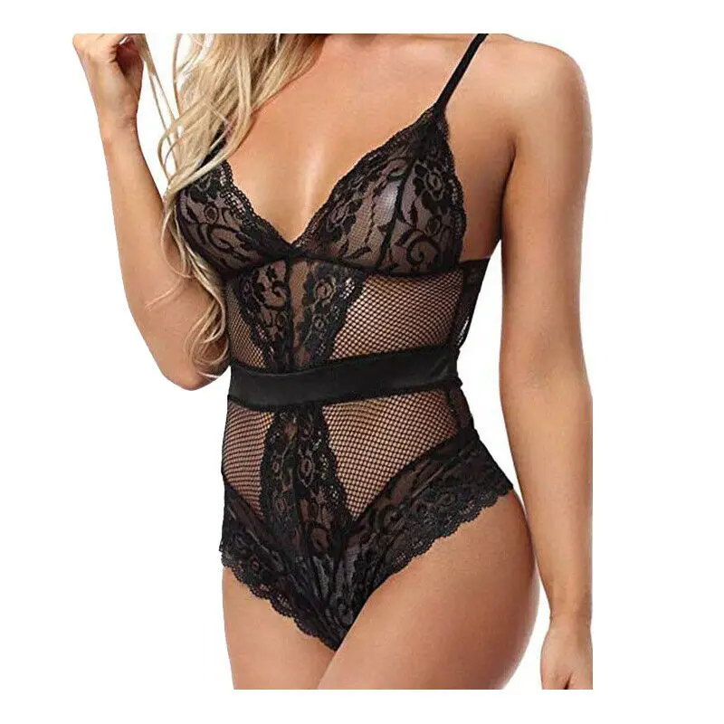 Plus Size Women Sexy Lingerie Backless Strappy V Neck Lace See-through Underwear Nightwear Babydoll Bodysuit |