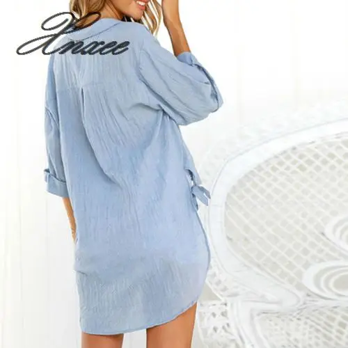 

Women Blouse Long Sleeve V-neck Shirts Ladies Casual Holiday Beach Solid Drawstring Long Tops Blouse S-XL