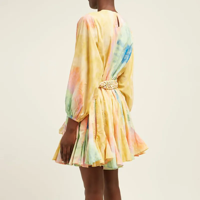 Женское плиссированное платье GALCAUR с круглым вырезом длинным рукавом и высокой