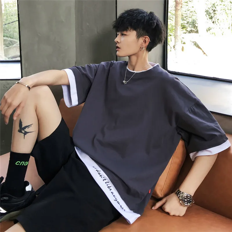 

New Summer Full Cotton False Two Paper Split Joint Preppy Style Short Sleeve Black t shirt tops Low price Free shipping