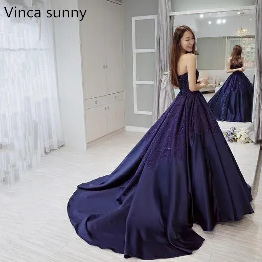 

Vinca sunny 2021 Navy blue Satin Long Prom Dresses with Lace Applique Robe De Soiree New Evening Dresses Party Gowns For Women