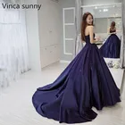 Женское атласное вечернее платье Vinca sunny, темно-синее длинное платье с кружевной аппликацией для выпускного вечера, 2021