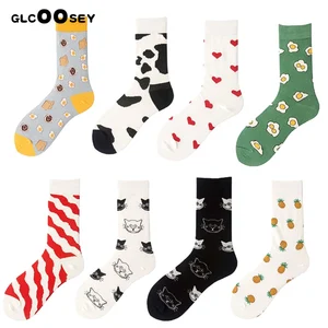 Носки женские хлопковые в полоску с рисунком сердечек, ананасов, кошек, стрел, яиц, молока