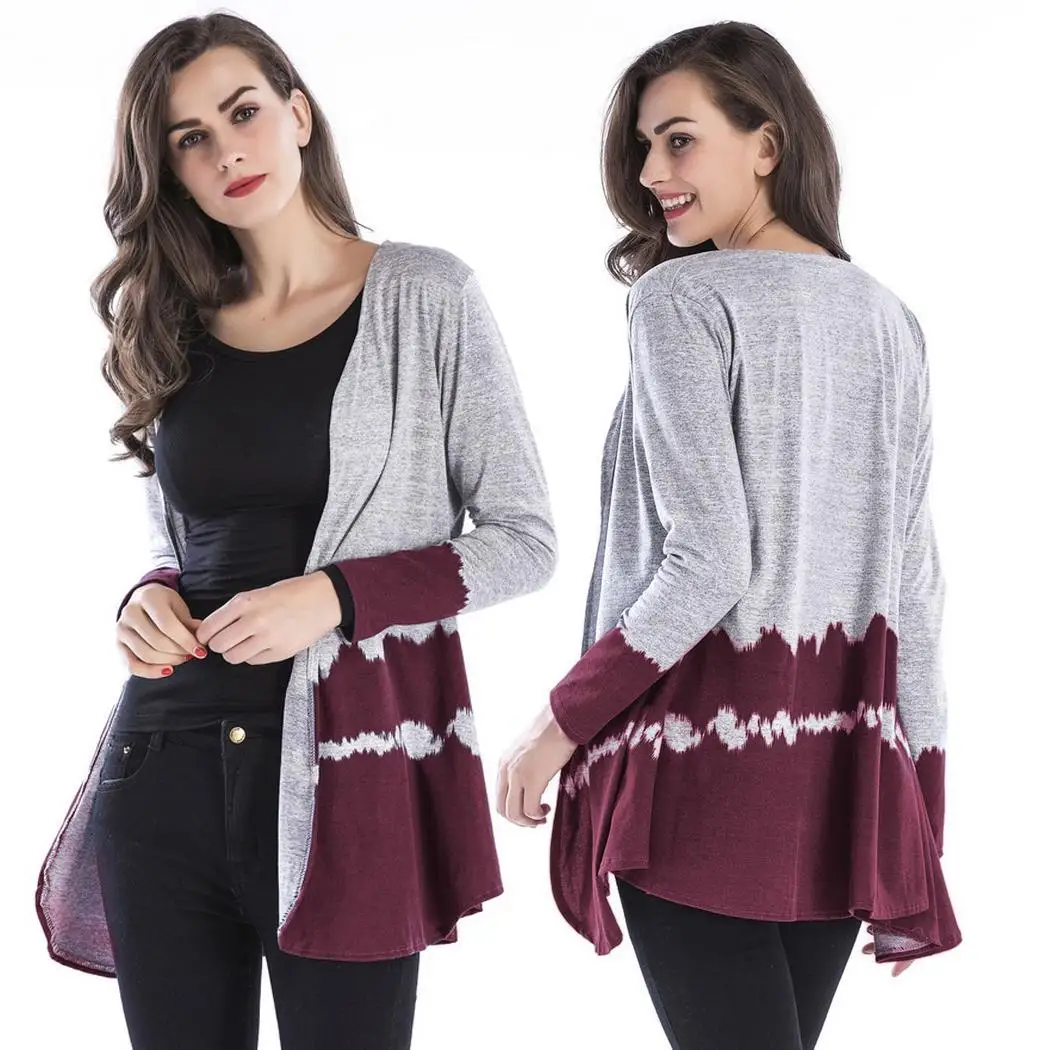 Women Casual Long Sleeve Top Gradient V-Neck Spring Autumn Wine Red Black Blue Color Patchwork Cardigan |