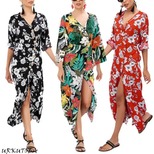 Для женщин Boho Цветочные коктейвечерние льное вечернее разделение Длинные платье