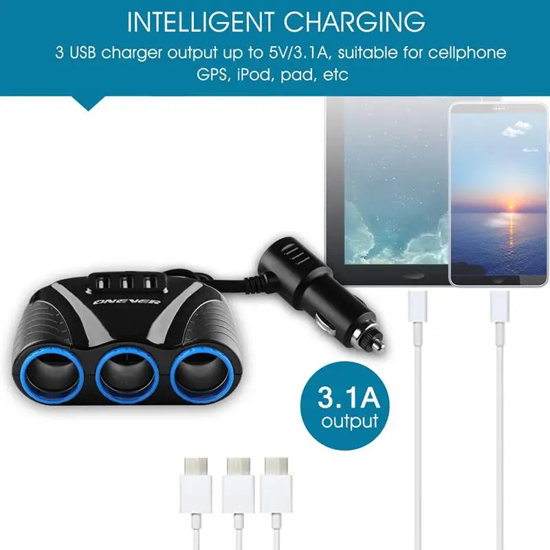 AOZBZ 3 Way 3.1A Blue Led Car Cigarette Lighter Socket Splitter Hub Power Adapter USB Port 12V-24V For IPad Smartphone DVR GPS | Автомобили