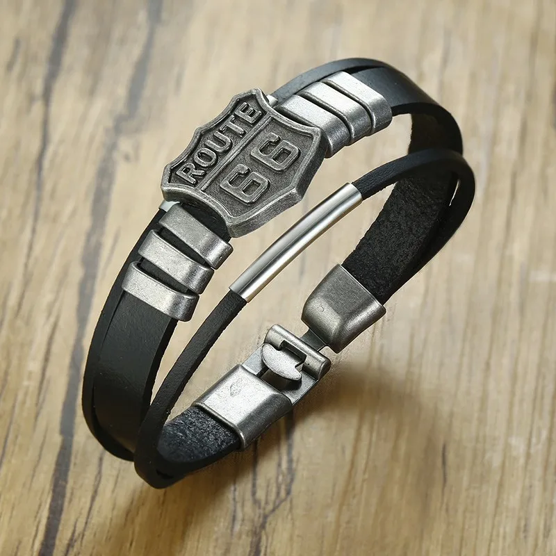 

Men's Triple Leather Bracelet with Hot ROUTE 66 60s Road Sign Motorcycle Biker Rider Black Bangle Male Jewelry
