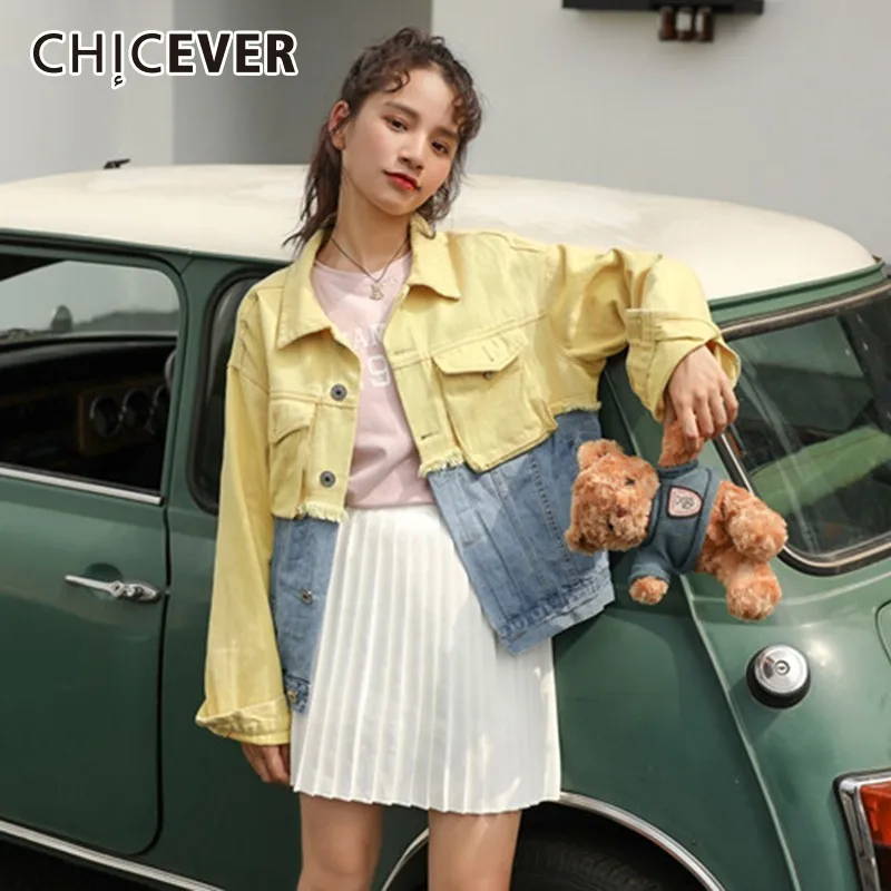 CHICEVER 2019 Весна хит цвета джинсовые куртки для женщин с лацканами длинным рукавом