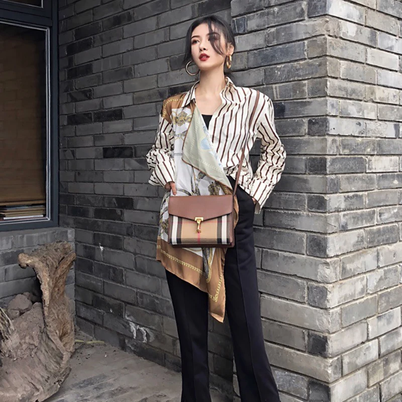 Женская рубашка в полоску VGH Асимметричный топ с отложным воротником длинным