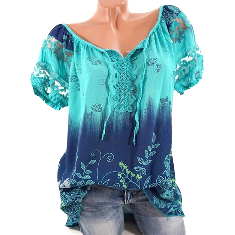 

5xl Plus Size 2019 Summer New Women Short Sleeve Floral Printed Lace Sleeve Chiffon Tops Blouses Summer Casual Shirts Blusas