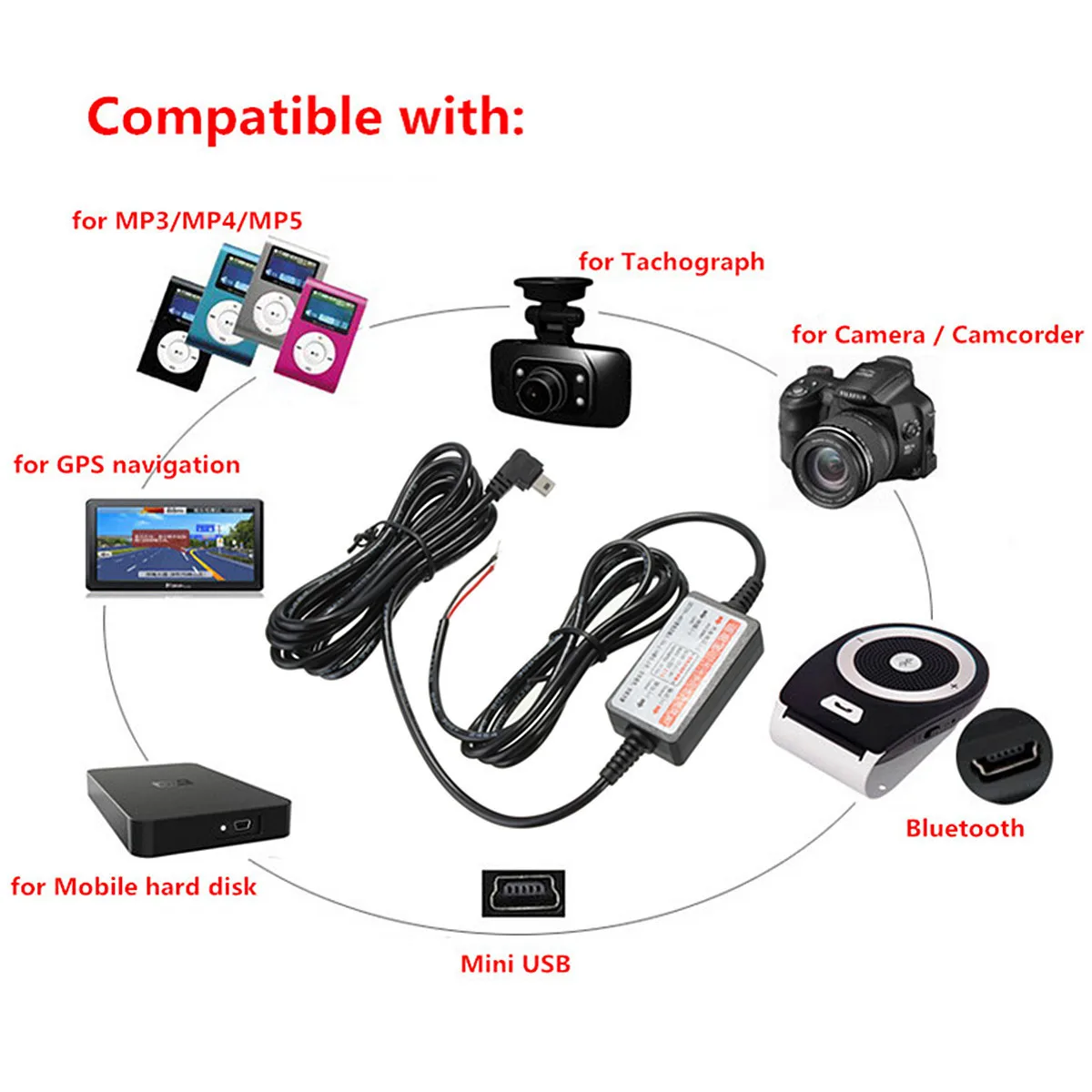 Audew DC 12V-23V Mini / Micro USB порт провод кабель Автомобильное зарядное устройство