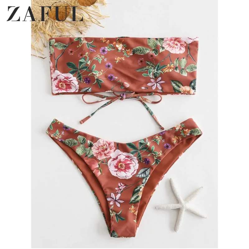 ZAFUL Сексуальное Женское бикини на шнуровке с листочками и цветочным принтом