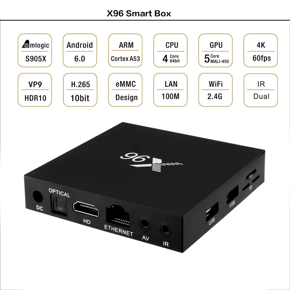 X96 ТВ коробка Android 6 0 Смарт контейнер под элемент питания 2 Гб оперативной памяти 16