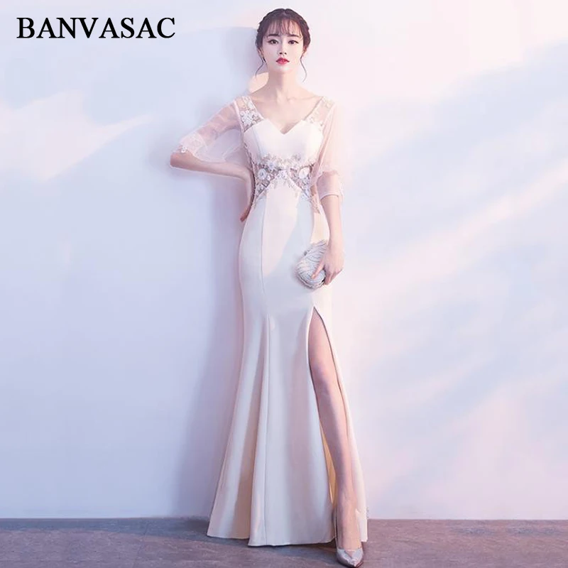 BANVASAC 2018 V Neck Flowers Split Mermaid Long Evening Dresses Party Lace Appliques Illusion Backless Prom Gowns | Свадьбы и