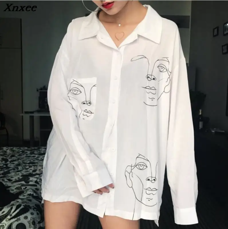 

Women's Tops and Blouses Cotton White Shirt Line Face Print Retro Shirts with Long Sleeve White Blouse Lady Spring Summer Xnxee