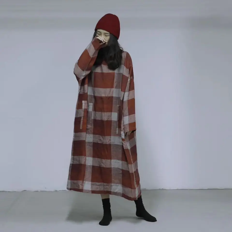 2019 Spring Plaid Pattern Literature Lattice Flax Round Neck Bat Sleeve Easy Large Size Big Loose Dress Linen Gothic Long wear | Женская
