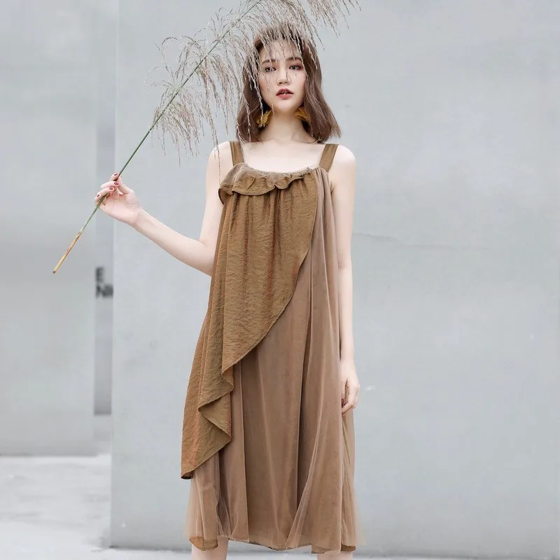CHICEVER Spring Casual Patchwork Mesh Irregular Ruffles Dress For Women O Neck Spaghetti Strap Loose Oversize A-line Dresses New | Женская