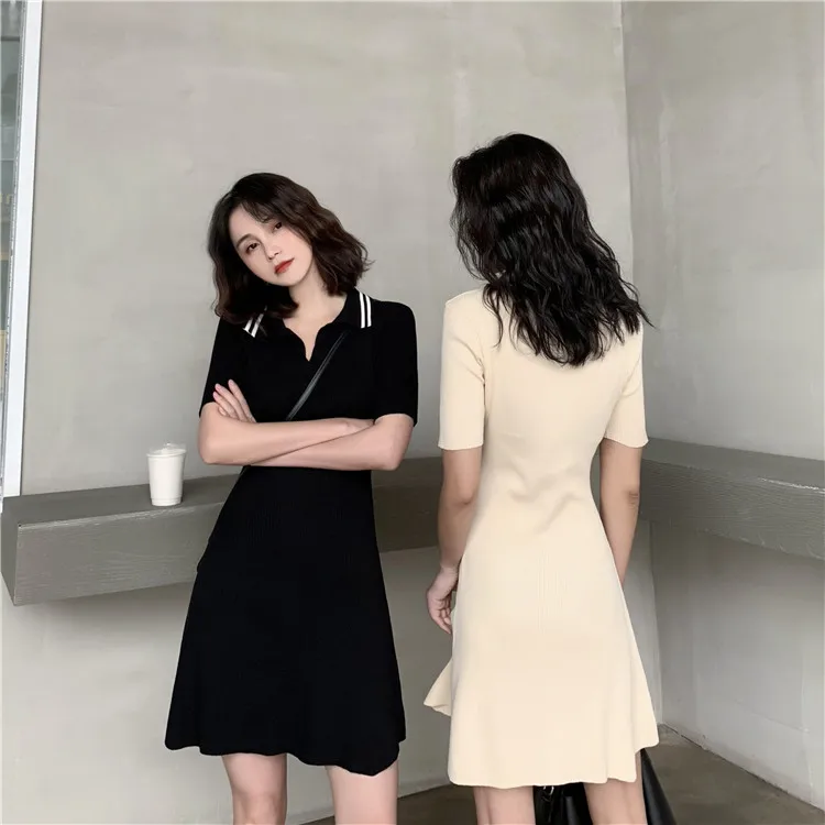 Summer Deep V Tun down Collar A Line Short Dress Casual High Street Women Knitted Dresses Sleeve Elastic Slim Mini Dress|Женские платья|