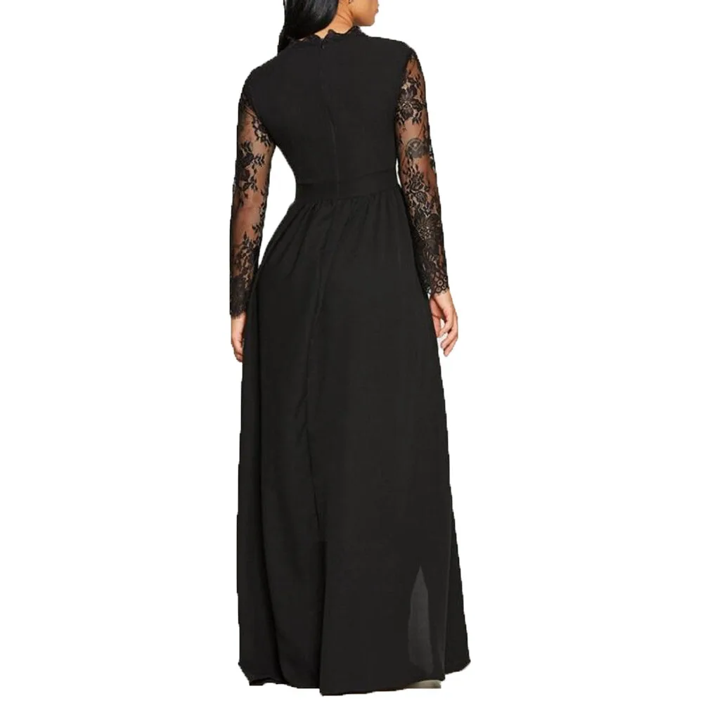 Women Lace Evening Party Prom Gown Ladies Formal Empire Waist Long Dress Solid V-Neck Sleeve Floor-Length Maxi Dresses Sexy | Женская