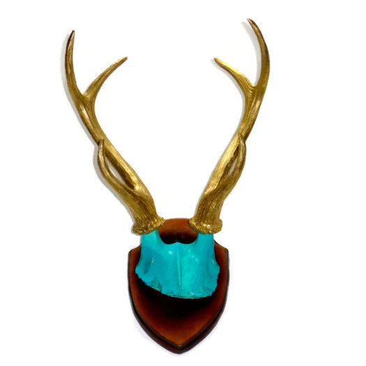 Большой Faux Taxidermy вешалка рога оленя Крепление бирюзовый Череп и золотые