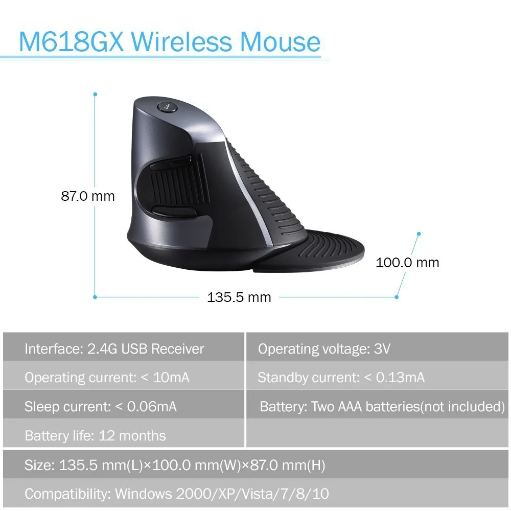 Эргономичная Вертикальная беспроводная мышь Delux M618GX оптическая 1600DPI с 6 кнопками 3