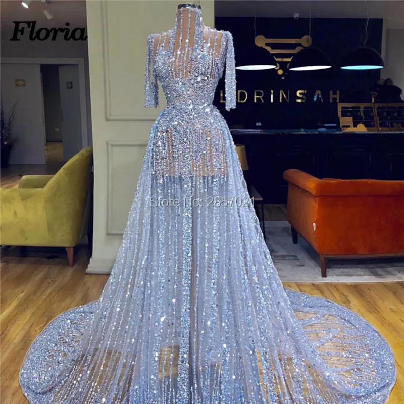 Generous Blue Beaded Evening Dresses With Transparent Dubai Turkish Prom Dress Arabic East Middle Party Gown Robe De Soiree 2019 | Свадьбы и