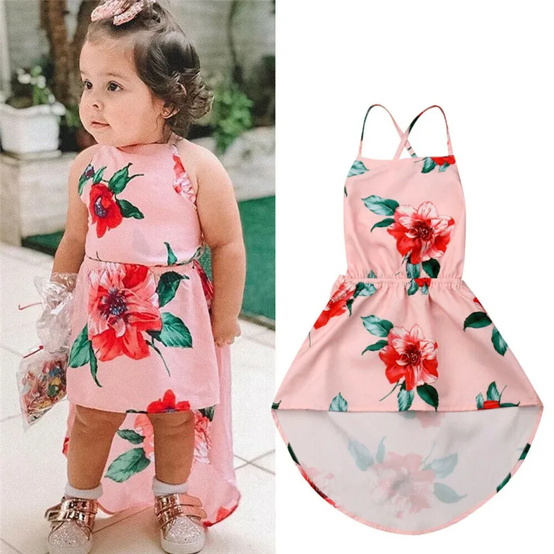 1-6Y Kids Baby Girl Flowers Backless Dress Sleeveless Halter Lace-up Beach Casual Floral Cotton Mini Sundress | Детская одежда и