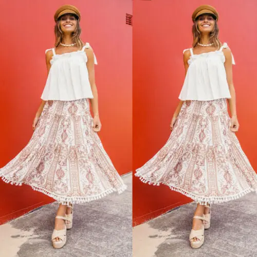 

Hirigin Women Casual Retro Chiffon Floral Print Ankle-Length Summer Beach Tassels Skirts