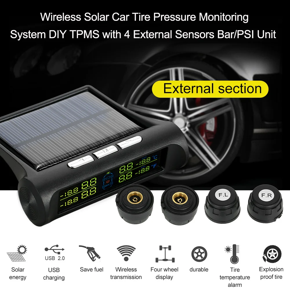 

Беспроводная система контроля давления в шинах KKMOON, на солнечной батарее, TPMS «сделай сам» с 4 внешними датчиками, бар/PSI