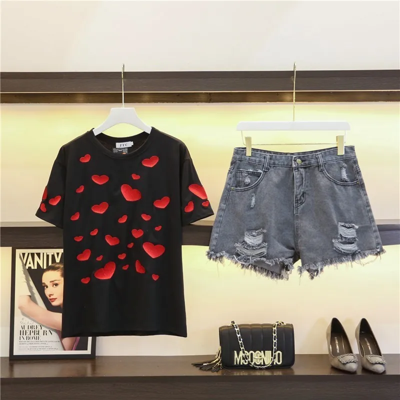 2019 летние модные женские костюмы вышивка сердце короткий рукав футболки топ +