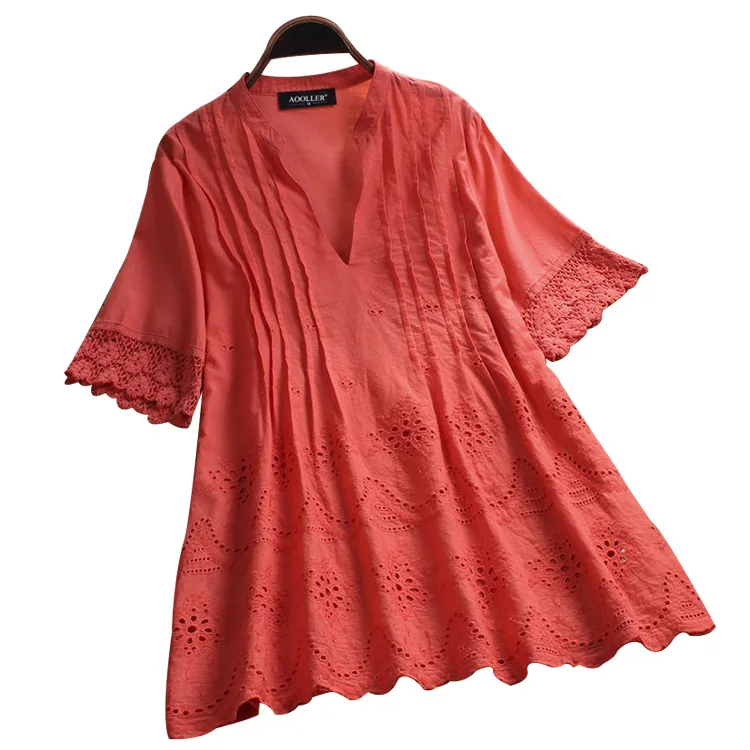 Блузка женская однотонная с V образным вырезом из хлопка и льна| |