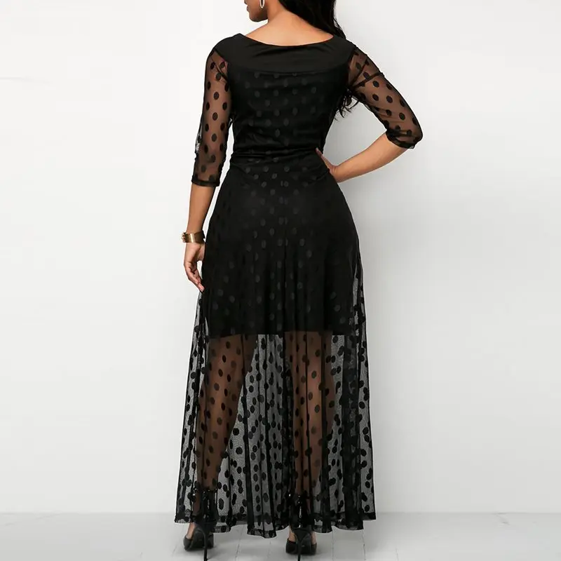 Women Evening Party Date Retro Gothic Black Polka Dot Maxi Dress Office Lady Work See Through Mesh Extra Long Bodycon Dresses | Женская