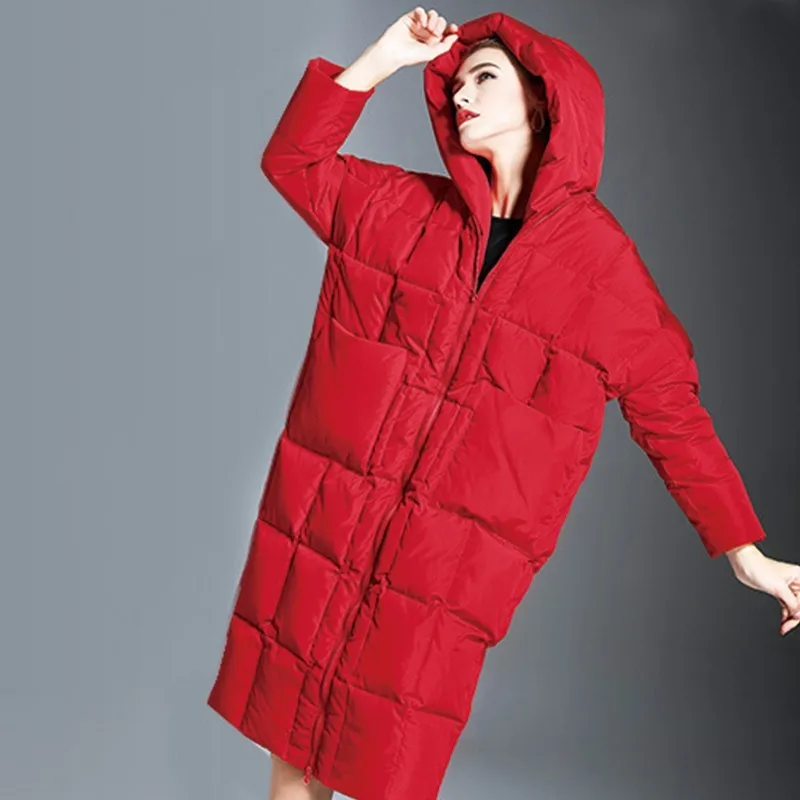 Bat Type Loose Plus Size White Duck Down Jacket Fashion Long Winter Jacket Coat Women Hooded High-end Feather Overcoat Female