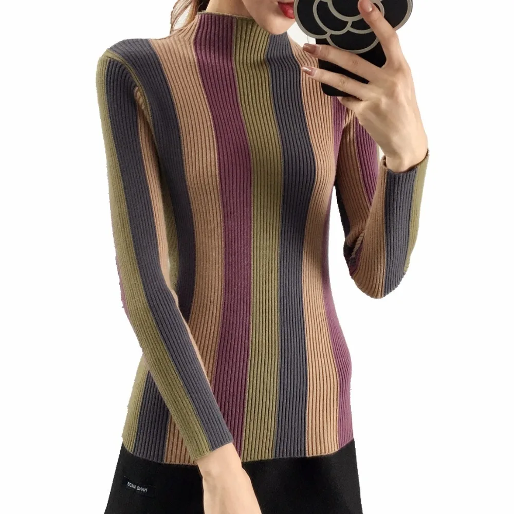 Тянуть femme hiver свитер женские полосатые трикотажные джемперы элегантный
