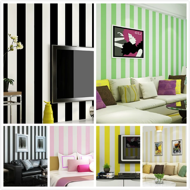 

New Mediterranean Blue Simple Black White Vertical Striped Wallpaper Tv Back Red Yellow Green Pink Children Bedroom Wall Roll