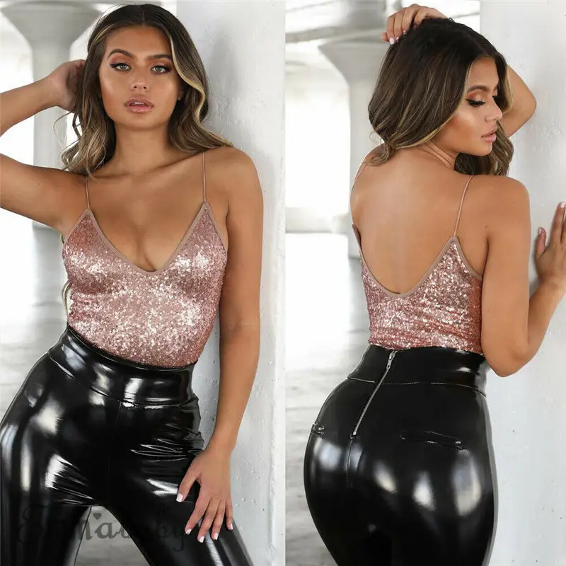 

HIRIGIN Fashion Women Sequin Sleeveless Jumpsuit Lady Playsuit Sexy V Neck Lace Bodysuit Tops