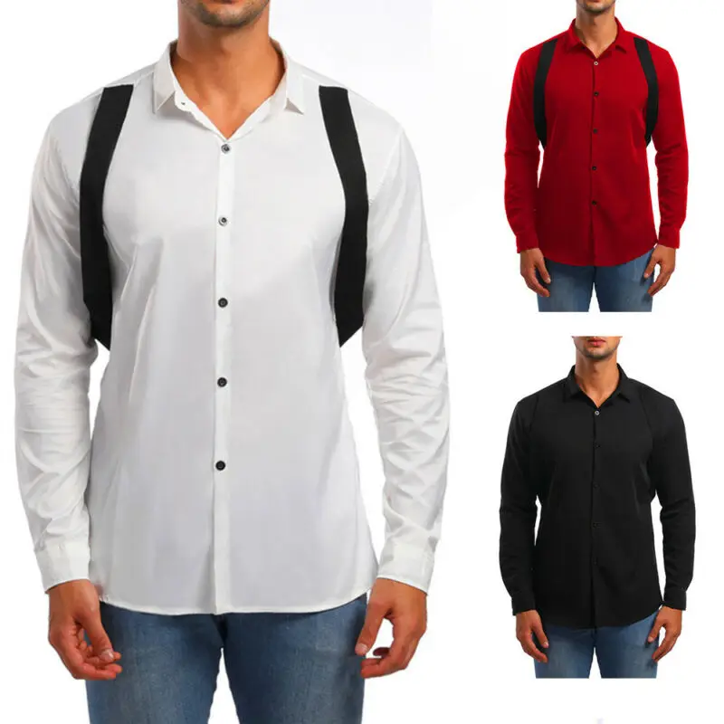 

Мужская приталенная рубашка с длинным рукавом и поясом на спине