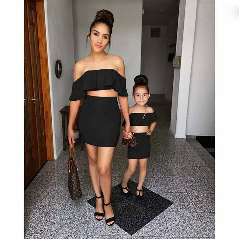 2019 Brand Family Matching Fashion Clothes 2Pcs Outfit Mother Daughter Women Kids Girl Ruffle Shirt Tops High Waist Skirts Set | Мать и