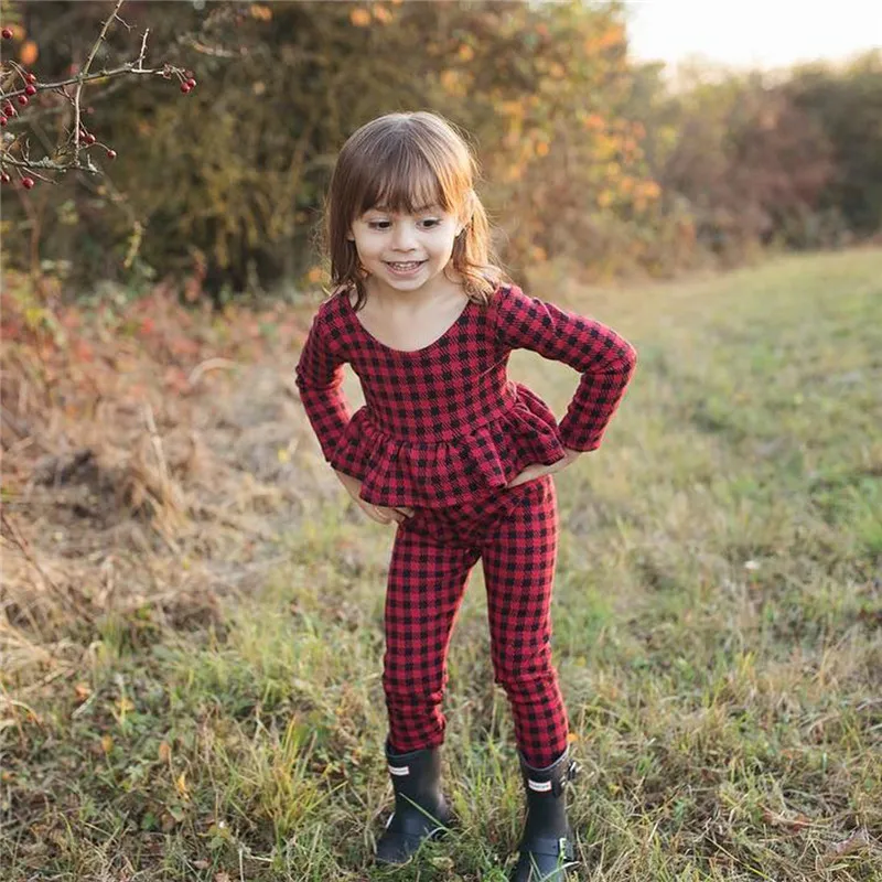 pudcoco Fashion Kids Baby Girl red plaid clothes set Spring Outfit girls cotton long sleeve T-shirt Top+Pants 2PCS Sets 1-5Y | Детская