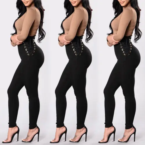 Womens Long Slim Solid High Waist Black Khaki Pants Trousers | Женская одежда