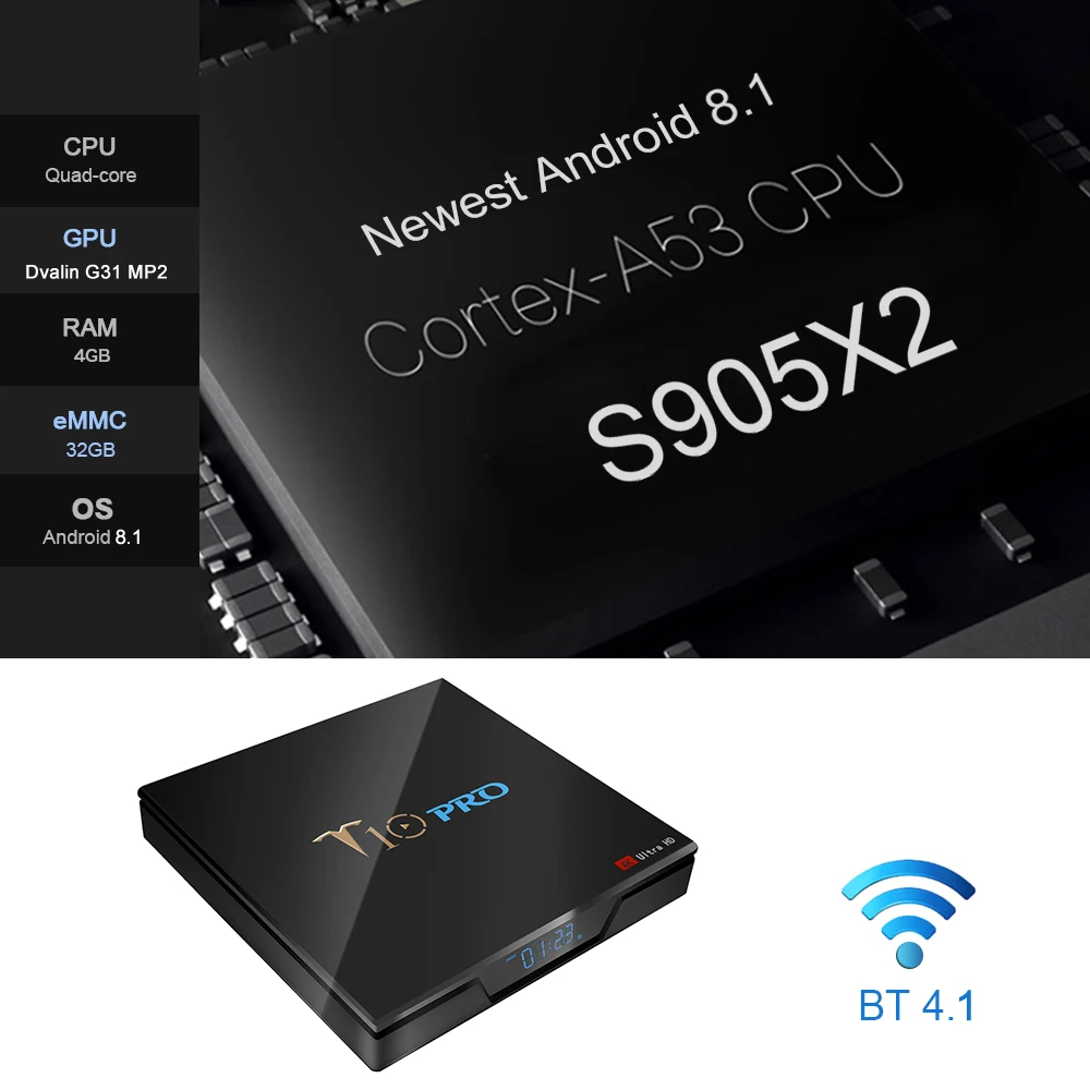 T10 PRO Smart Android 8 1 TV Box Cortex A53 S905X2 Четырехъядерный 4K 4GB32GB WiFi BT4.1 медиаплеер LED экран