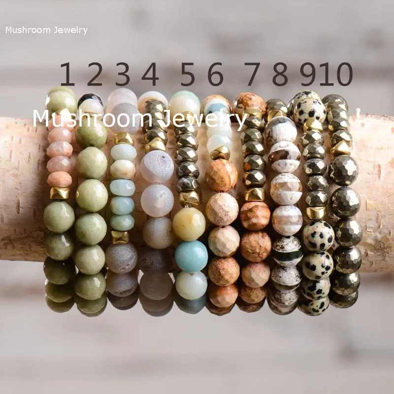 Bohemia Green Faceted Jades Druzy Aagtes Picture Jaspers Pyrite Agates Wavy Stacking Bracelet