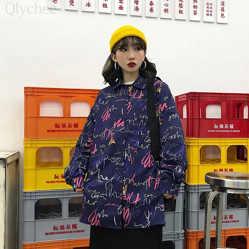Qlychee Harajuku Colorful Letter Print Women Blouse Shirts Long Sleeve Casual Loose Female Tops |