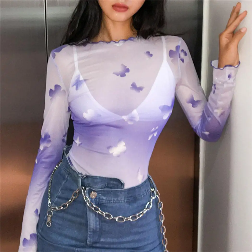 New Fashion Women Casual Fungus Collar See Purple Regular Through Slim Bodycon Pullover Prints None Tops |