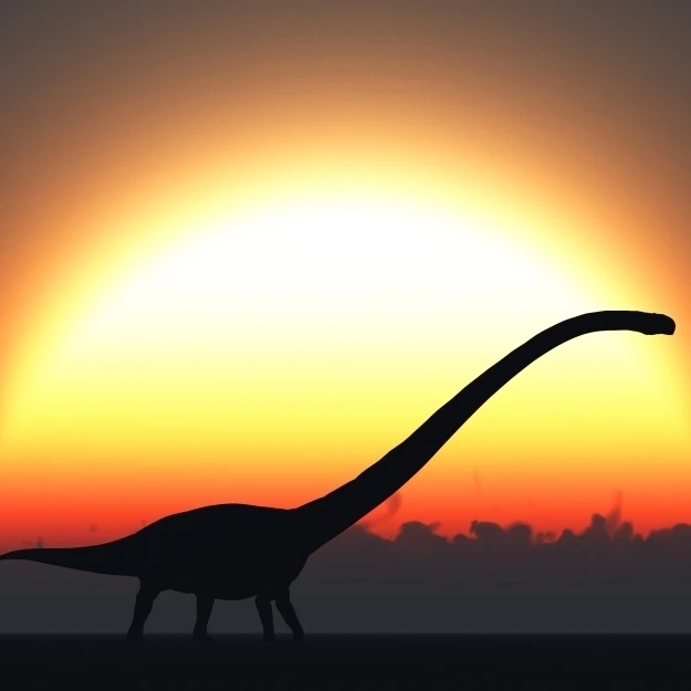 Силуэт Omeisaurus прогулки проходят восходящее солнце в начале нового дня плакат