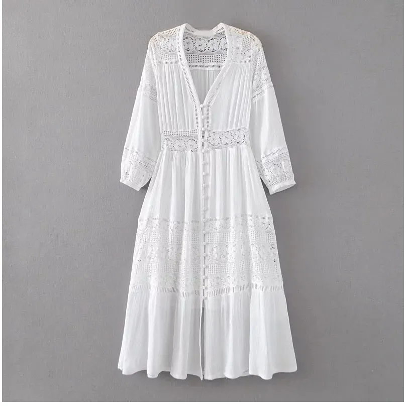 Женское длинное платье Boho белое кружевное с длинным рукавом лето 2019|Женские