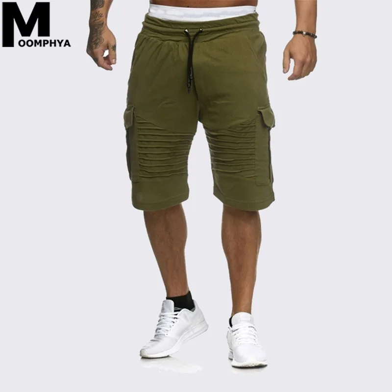 

Moomphy 2019 Streetwear Pleated stripes Shorts men Side pocket knee length mens shorts joggers sweatpants Hip hop trousers men