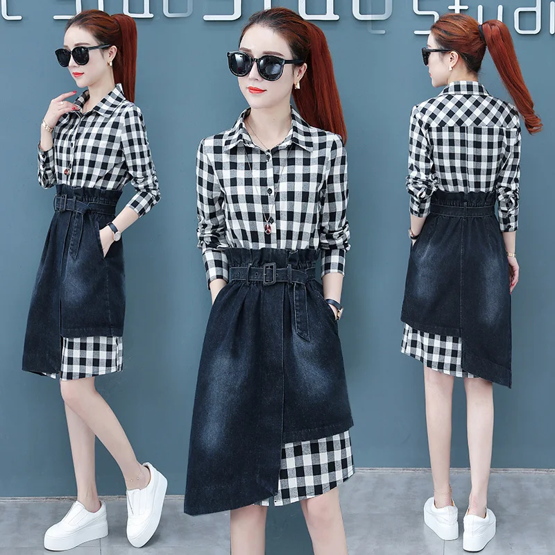 Новинка весны 2019 длинная клетчатая рубашка с отложным воротником и длинным