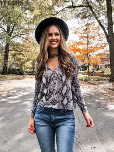 Women V Neck Casual Lace up Long Sleeve Leopard Pullover Tops Blouse Shirt |